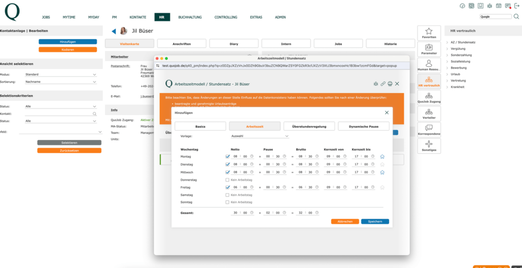 Screenshot QuoJob Arbeitsszeitmodell in Agentursoftware umsetzen