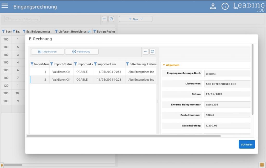 Screenshot LEADING Job e-Rechnung bearbeiten